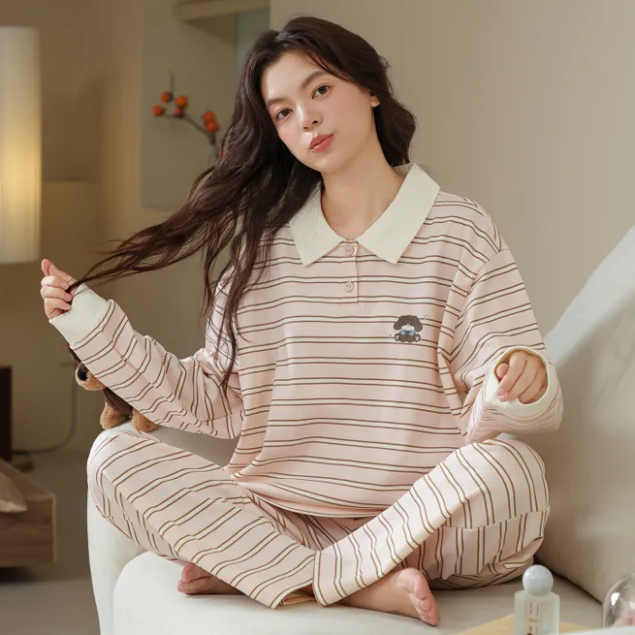 Pyjama femme en coton pur à enfiler, manches longues, col T, cardigan, motif cartoon mignon, ensemble de maison portable à l'extérieur, automne-hiver · Grossiste · OEM · Mondial - Detail 3