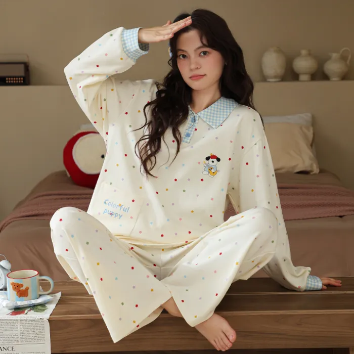 Pyjama femme en coton pur à enfiler, manches longues, col T, cardigan, motif cartoon mignon, ensemble de maison portable à l'extérieur, automne-hiver · Grossiste · OEM · Mondial - Detail 8