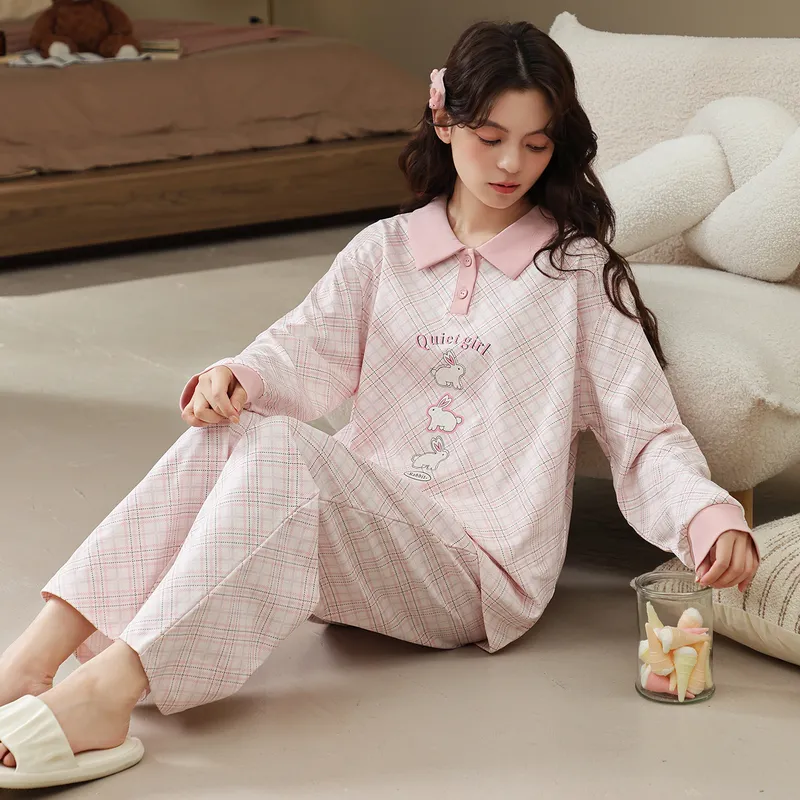 Pyjama femme en coton pur à enfiler, manches longues, col T, cardigan, motif cartoon mignon, ensemble de maison portable à l'extérieur, automne-hiver · Grossiste · OEM · Mondial - View 3