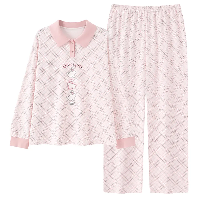 Pyjama femme en coton pur à enfiler, manches longues, col T, cardigan, motif cartoon mignon, ensemble de maison portable à l'extérieur, automne-hiver · Grossiste · OEM · Mondial - View 4