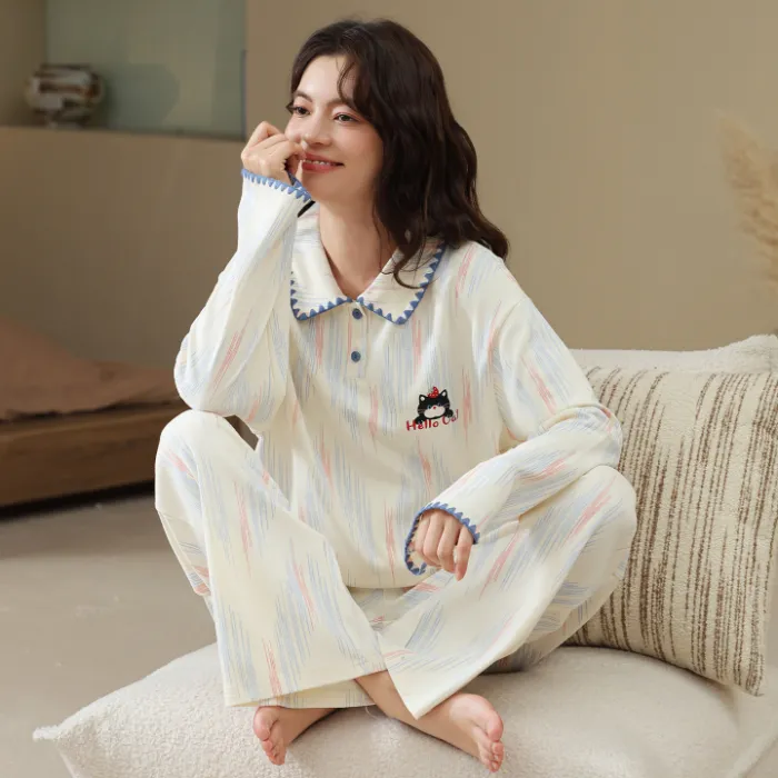 Pyjama femme en coton pur à enfiler, manches longues, col T, cardigan, motif cartoon mignon, ensemble de maison portable à l'extérieur, automne-hiver · Grossiste · OEM · Mondial - Detail 7