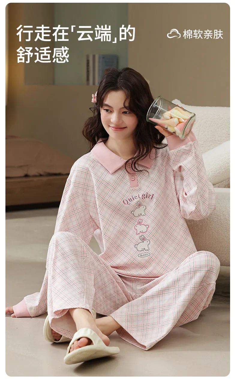 Pyjama femme en coton pur à enfiler, manches longues, col T, cardigan, motif cartoon mignon, ensemble de maison portable à l'extérieur, automne-hiver · Grossiste · OEM · Mondial - Detail 10