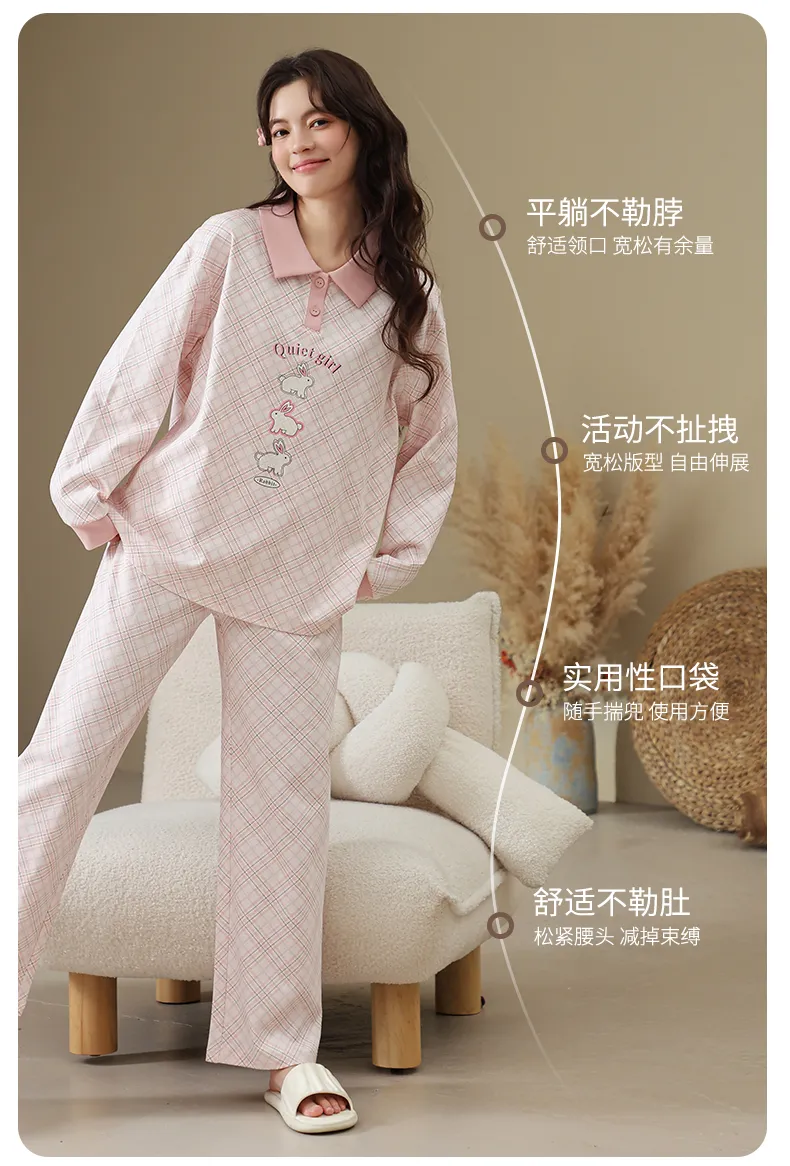 Pyjama femme en coton pur à enfiler, manches longues, col T, cardigan, motif cartoon mignon, ensemble de maison portable à l'extérieur, automne-hiver · Grossiste · OEM · Mondial - Detail 20