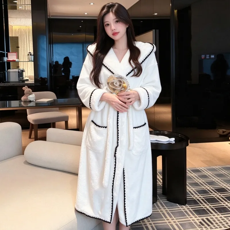 Peignoir femme automne-hiver polaire corail épaisse et chaude, robe de bain longue unie à capuche, luxe léger, vêtement d'intérieur, robe d'extérieur · Grossiste · OEM · Mondial - View 4