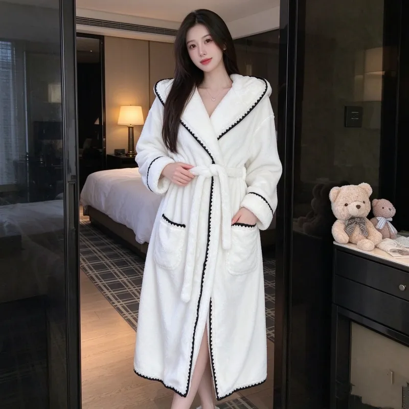 Peignoir femme automne-hiver polaire corail épaisse et chaude, robe de bain longue unie à capuche, luxe léger, vêtement d'intérieur, robe d'extérieur · Grossiste · OEM · Mondial - Detail 8