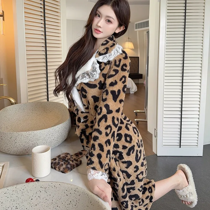 Autumn Winter Warm Pajamas Coral Fleece Thickened Robe Mid-Length Leopard Print High-End Light Luxury Morning Gown Bathrobe Loungewear · Wholesale · OEM · Worldwide Shipping - View 1