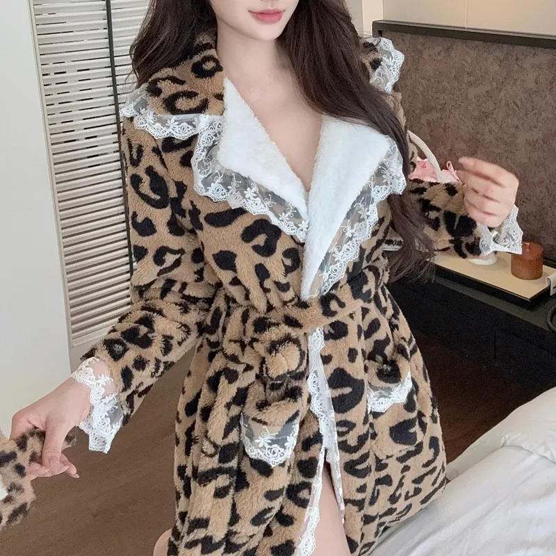 Autumn Winter Warm Pajamas Coral Fleece Thickened Robe Mid-Length Leopard Print High-End Light Luxury Morning Gown Bathrobe Loungewear · Wholesale · OEM · Worldwide Shipping - View 4