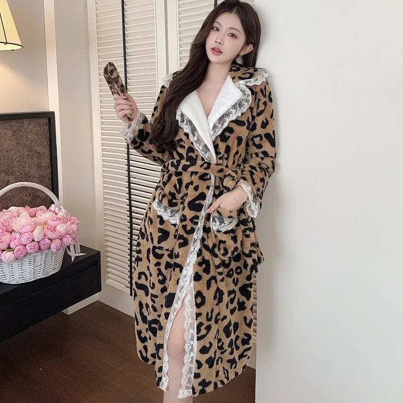 Autumn Winter Warm Pajamas Coral Fleece Thickened Robe Mid-Length Leopard Print High-End Light Luxury Morning Gown Bathrobe Loungewear · Wholesale · OEM · Worldwide Shipping - View 3