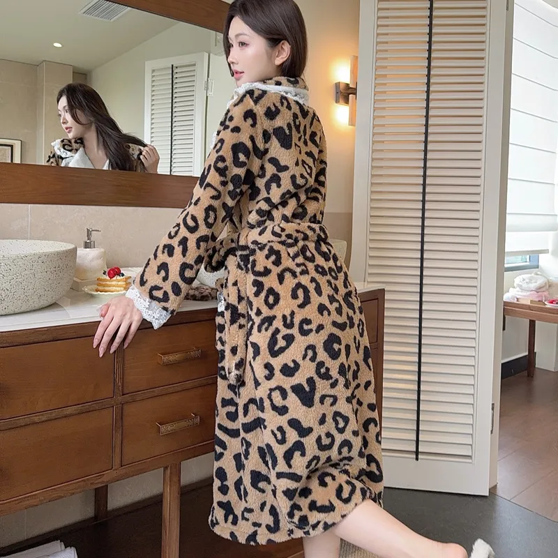Autumn Winter Warm Pajamas Coral Fleece Thickened Robe Mid-Length Leopard Print High-End Light Luxury Morning Gown Bathrobe Loungewear · Wholesale · OEM · Worldwide Shipping - Detail 4