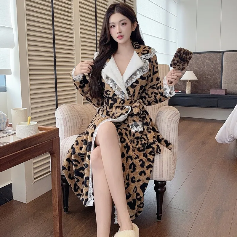 Autumn Winter Warm Pajamas Coral Fleece Thickened Robe Mid-Length Leopard Print High-End Light Luxury Morning Gown Bathrobe Loungewear · Wholesale · OEM · Worldwide Shipping - Detail 6