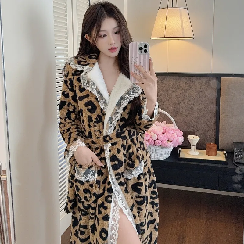 Autumn Winter Warm Pajamas Coral Fleece Thickened Robe Mid-Length Leopard Print High-End Light Luxury Morning Gown Bathrobe Loungewear · Wholesale · OEM · Worldwide Shipping - Detail 12