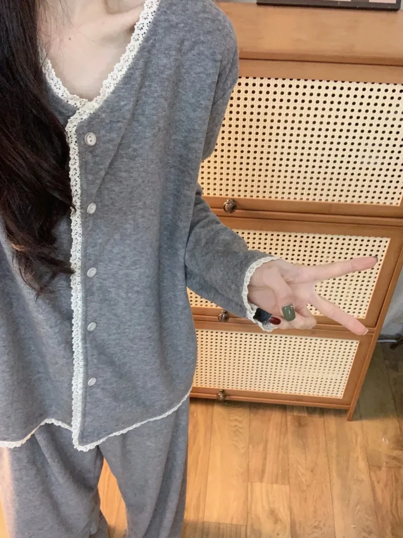 Ensemble pyjama femme 3382 gris avec dentelle en polaire Dralon, nouvelle collection automne-hiver 2026, épais, style tendance, vêtement d'intérieur · Grossiste · OEM · Mondial - Detail 9