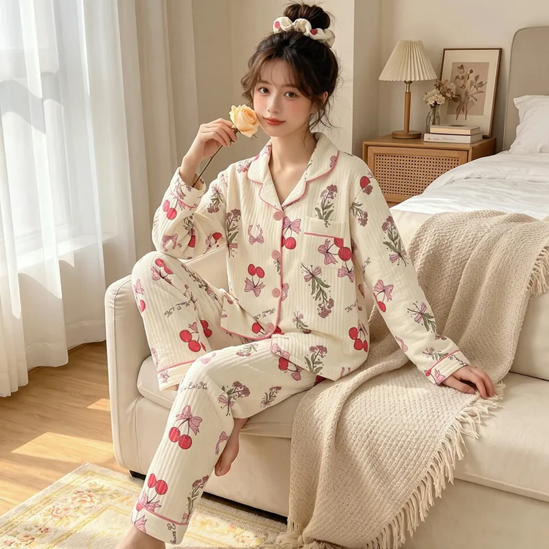 源兴3395 에어코튼 230g 인스풍 한계 달콤 리본 체리 파자마 여성 홈웨어 세트 · 도매 · OEM · 전 세계 배송 - View 3