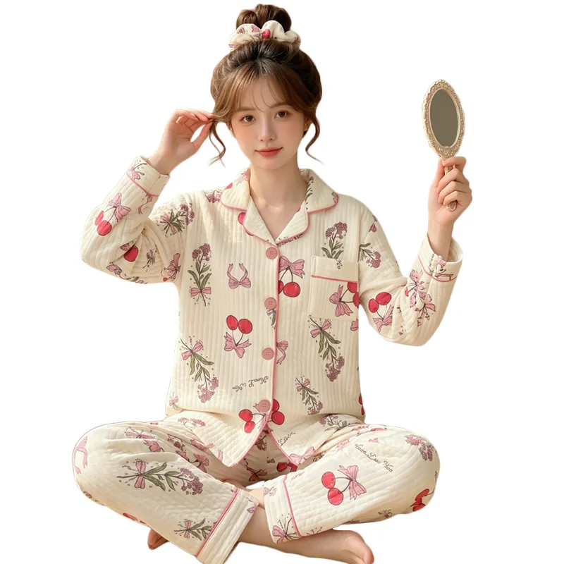 源兴3395 에어코튼 230g 인스풍 한계 달콤 리본 체리 파자마 여성 홈웨어 세트 · 도매 · OEM · 전 세계 배송 - View 4