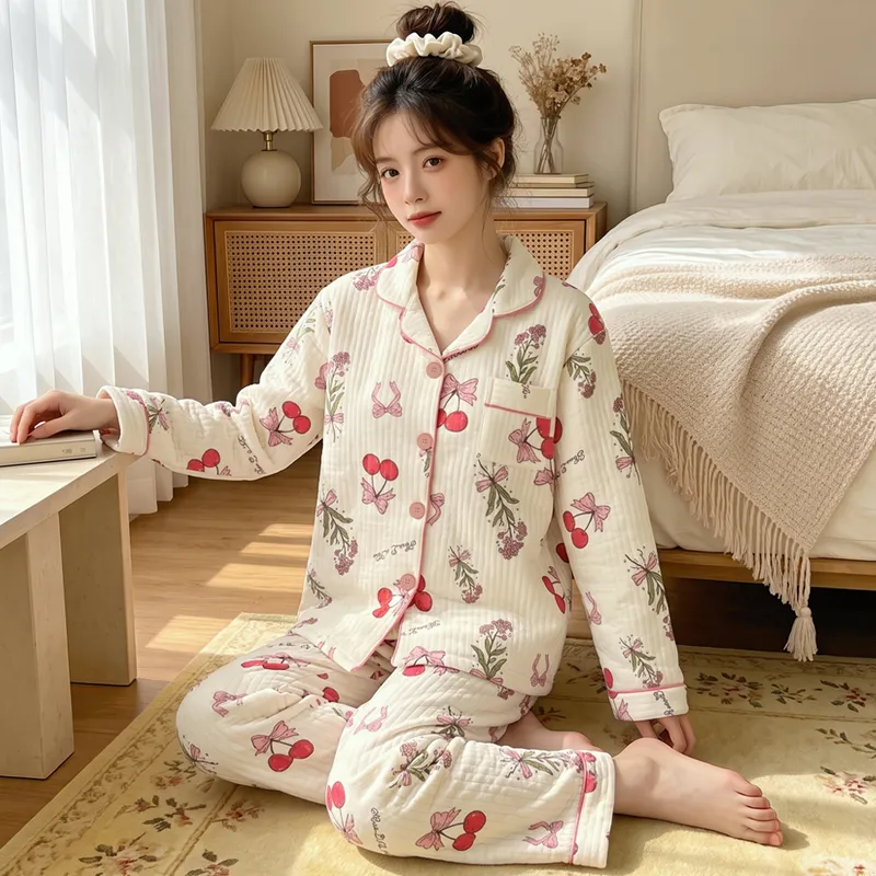 源兴3395 에어코튼 230g 인스풍 한계 달콤 리본 체리 파자마 여성 홈웨어 세트 · 도매 · OEM · 전 세계 배송 - View 1