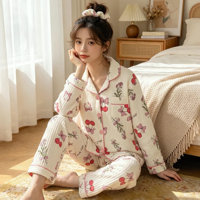 源兴3395 에어코튼 230g 인스풍 한계 달콤 리본 체리 파자마 여성 홈웨어 세트 · 도매 · OEM · 전 세계 배송 - View 2