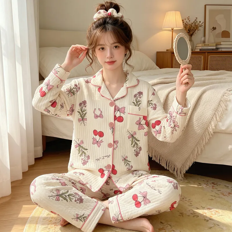 源兴3395 에어코튼 230g 인스풍 한계 달콤 리본 체리 파자마 여성 홈웨어 세트 · 도매 · OEM · 전 세계 배송