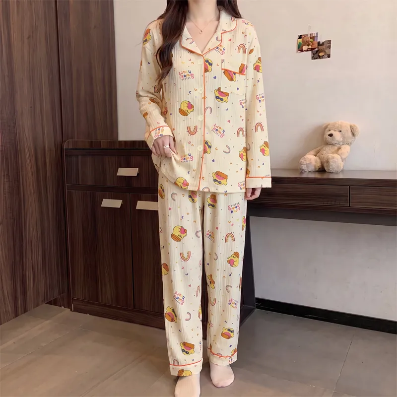 Yuanxing 3398 воздушный хлопок 230 г ins-стиль корейская версия горошек мультяшная пижама женская домашняя одежда комплект · Опт · OEM · Доставка по миру - View 3