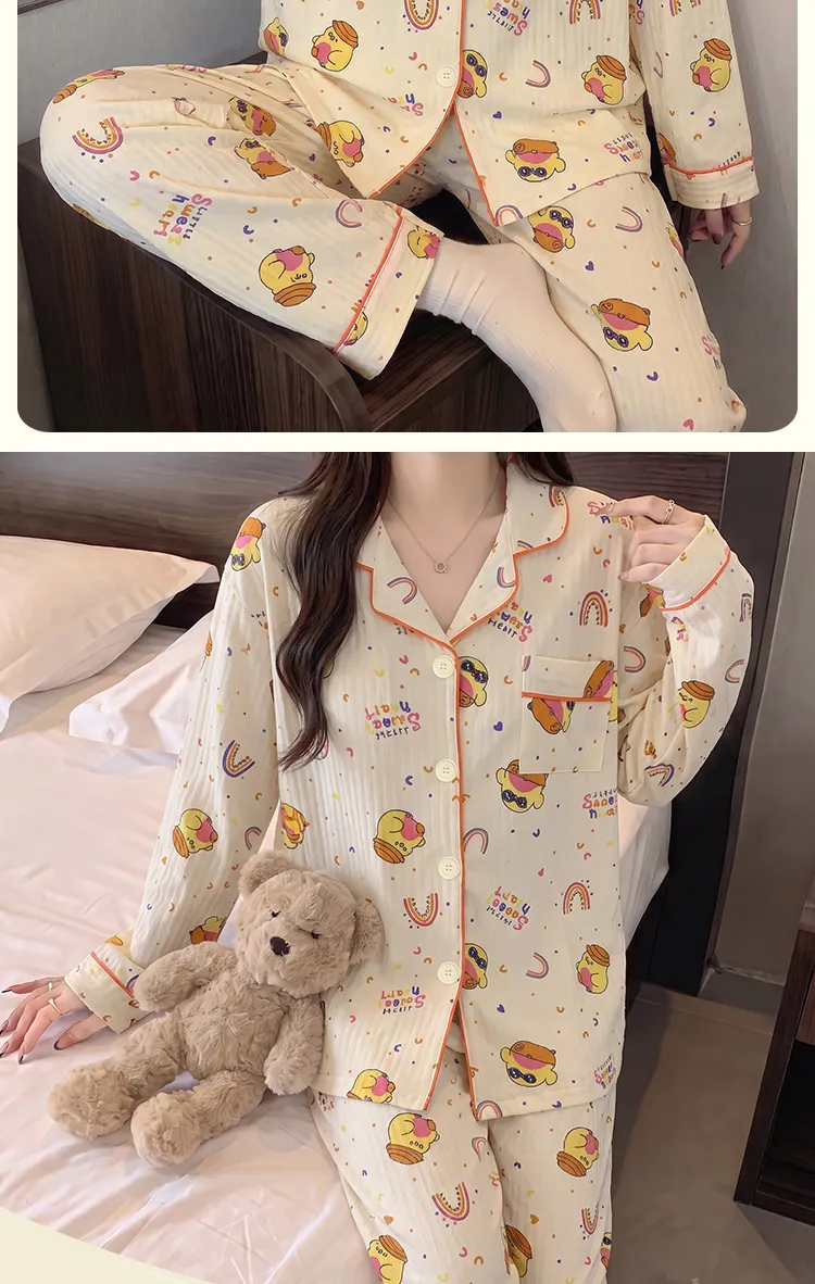 Yuanxing 3398 воздушный хлопок 230 г ins-стиль корейская версия горошек мультяшная пижама женская домашняя одежда комплект · Опт · OEM · Доставка по миру - Detail 4