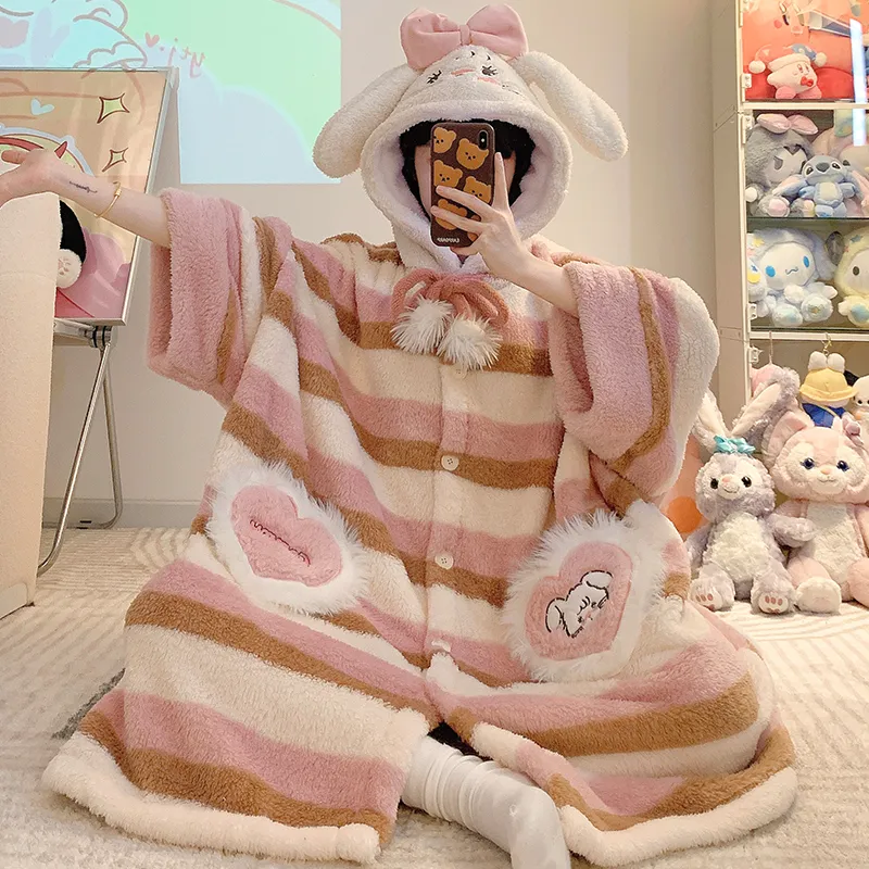 Women's Pajamas Winter New Fleece Cardigan Hooded Robe Loose Plus Size Up to 150kg Wearable Loungewear L--XL · Wholesale · OEM · Worldwide Shipping - View 1