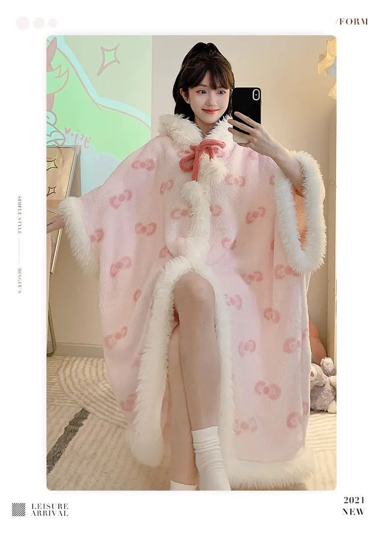 Women's Pajamas Winter New Fleece Cardigan Hooded Robe Loose Plus Size Up to 150kg Wearable Loungewear L--XL · Wholesale · OEM · Worldwide Shipping - Detail 10