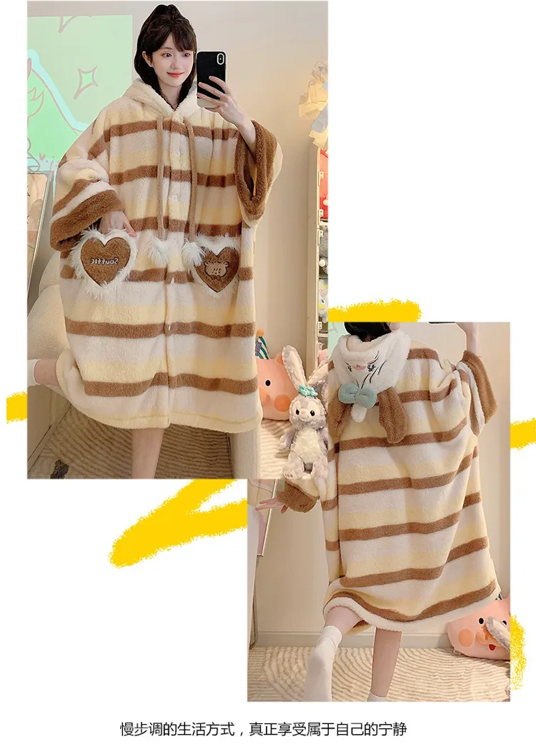 Women's Pajamas Winter New Fleece Cardigan Hooded Robe Loose Plus Size Up to 150kg Wearable Loungewear L--XL · Wholesale · OEM · Worldwide Shipping - Detail 18