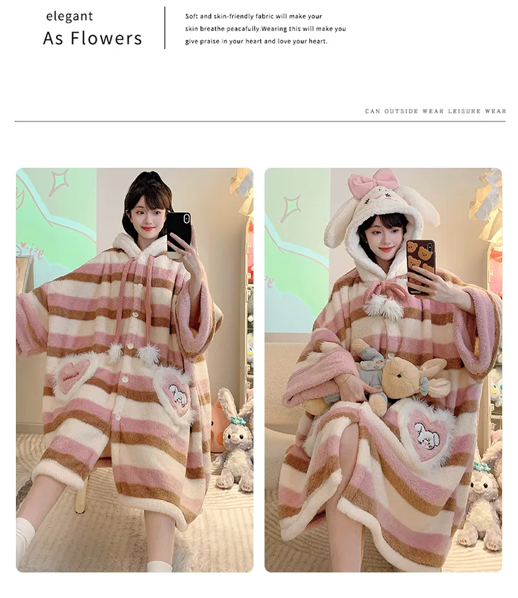 Women's Pajamas Winter New Fleece Cardigan Hooded Robe Loose Plus Size Up to 150kg Wearable Loungewear L--XL · Wholesale · OEM · Worldwide Shipping - Detail 14