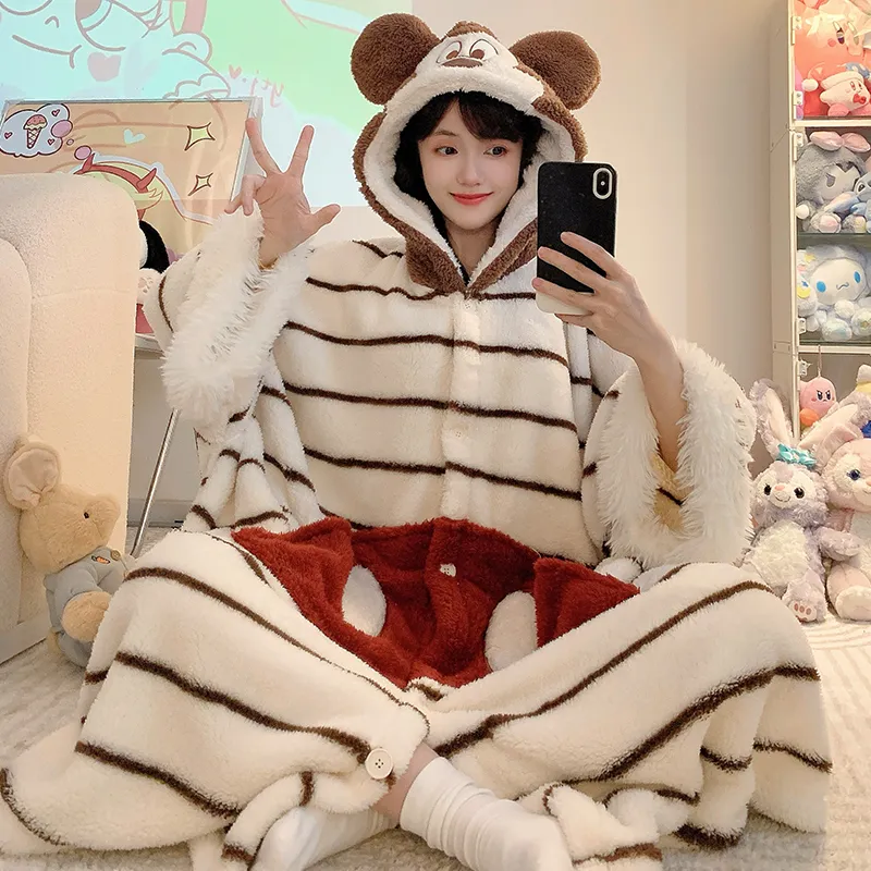 Women's Pajamas Winter New Fleece Cardigan Hooded Robe Loose Plus Size Up to 150kg Wearable Loungewear L--XL · Wholesale · OEM · Worldwide Shipping - View 3