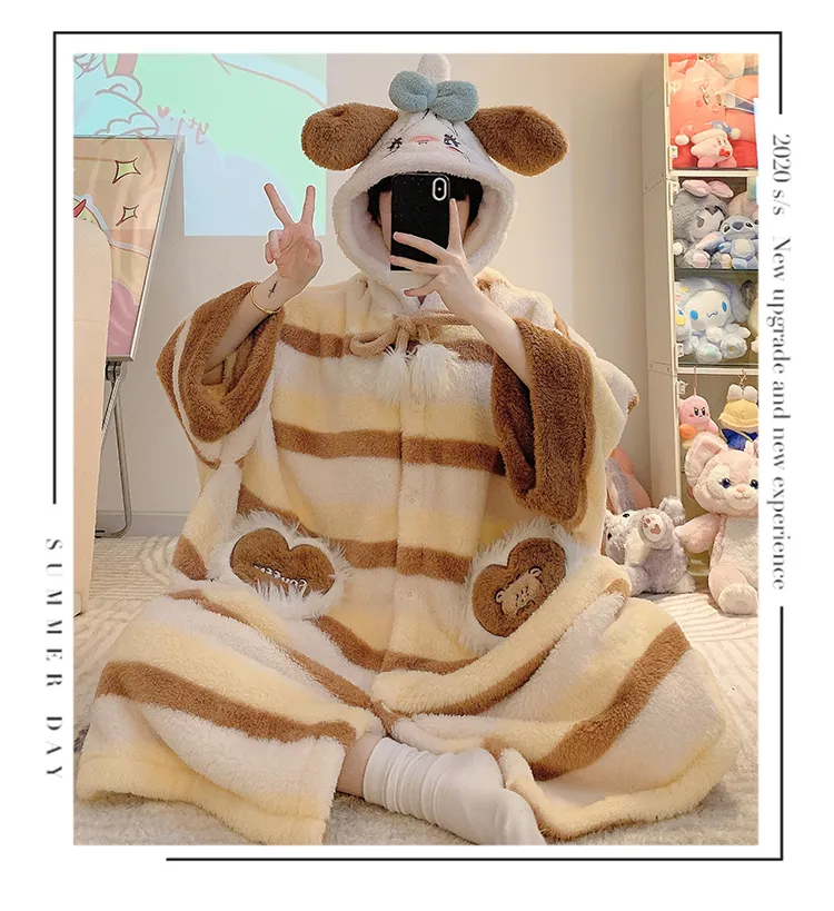 Women's Pajamas Winter New Fleece Cardigan Hooded Robe Loose Plus Size Up to 150kg Wearable Loungewear L--XL · Wholesale · OEM · Worldwide Shipping - Detail 17