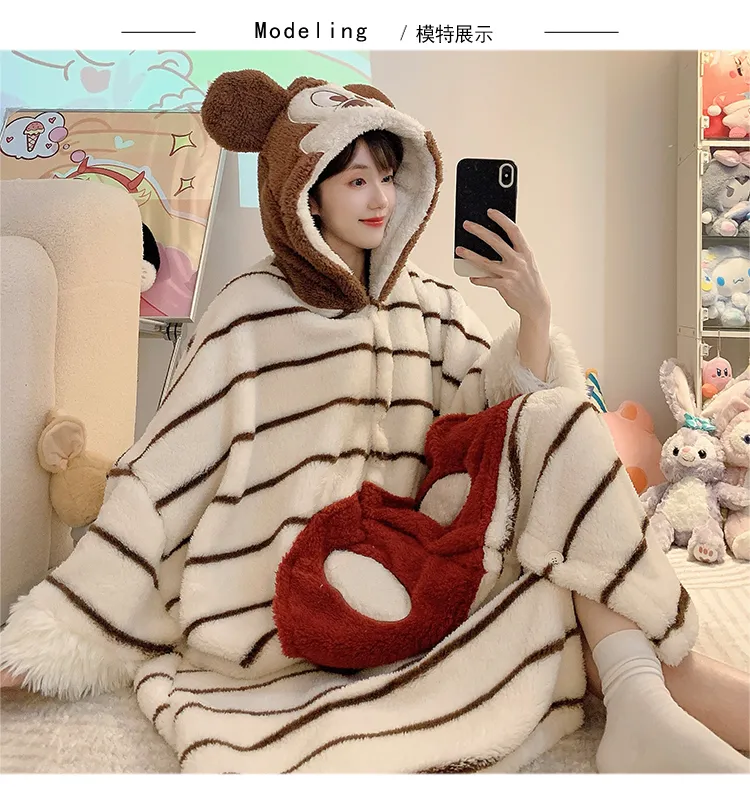 Women's Pajamas Winter New Fleece Cardigan Hooded Robe Loose Plus Size Up to 150kg Wearable Loungewear L--XL · Wholesale · OEM · Worldwide Shipping - Detail 4