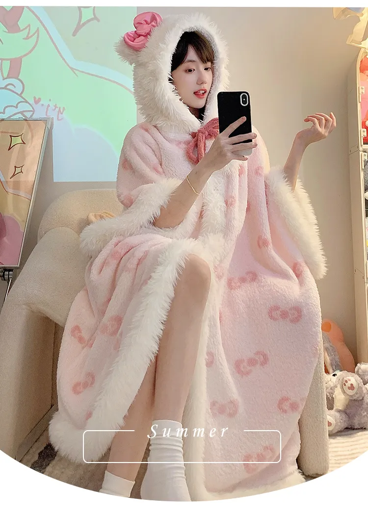 Women's Pajamas Winter New Fleece Cardigan Hooded Robe Loose Plus Size Up to 150kg Wearable Loungewear L--XL · Wholesale · OEM · Worldwide Shipping - Detail 7