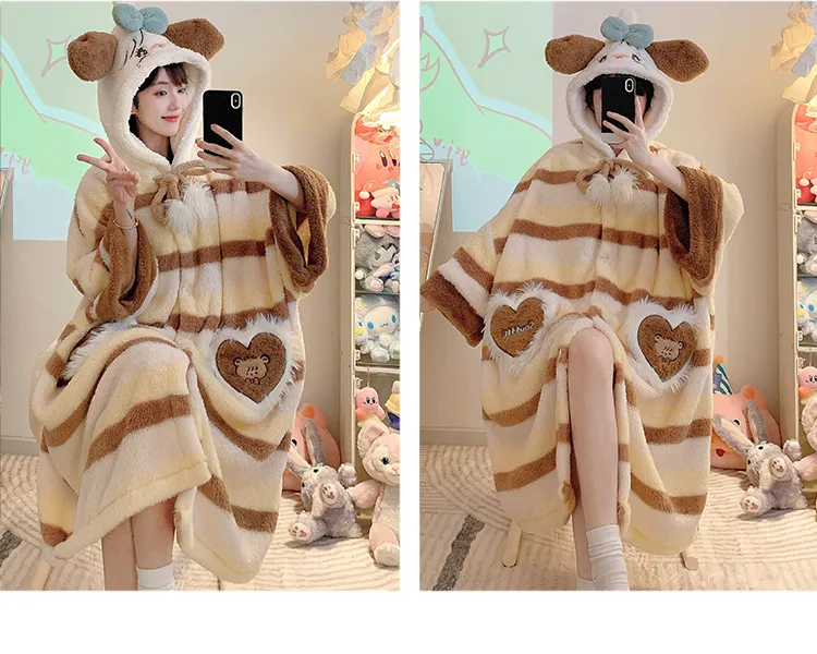 Women's Pajamas Winter New Fleece Cardigan Hooded Robe Loose Plus Size Up to 150kg Wearable Loungewear L--XL · Wholesale · OEM · Worldwide Shipping - Detail 16
