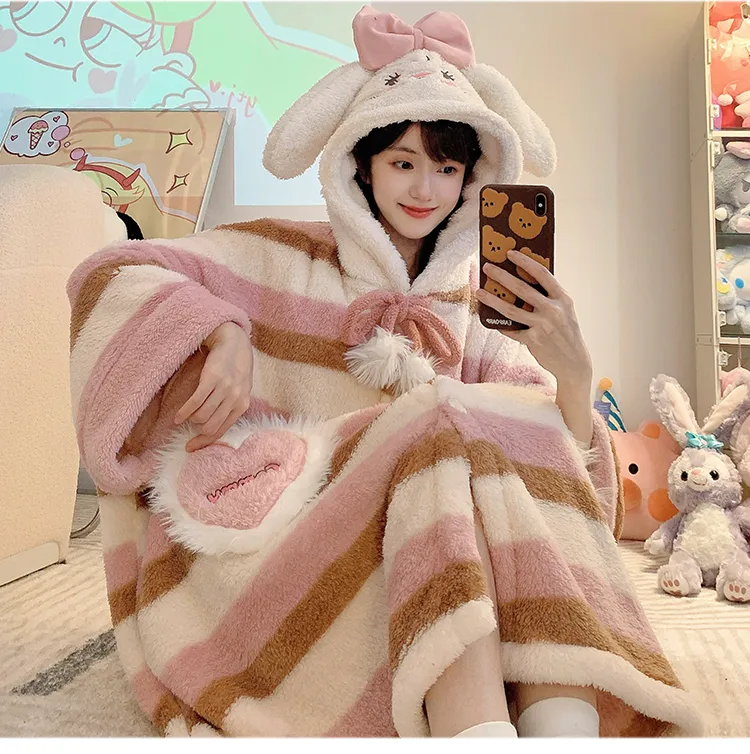 Women's Pajamas Winter New Fleece Cardigan Hooded Robe Loose Plus Size Up to 150kg Wearable Loungewear L--XL · Wholesale · OEM · Worldwide Shipping - Detail 12