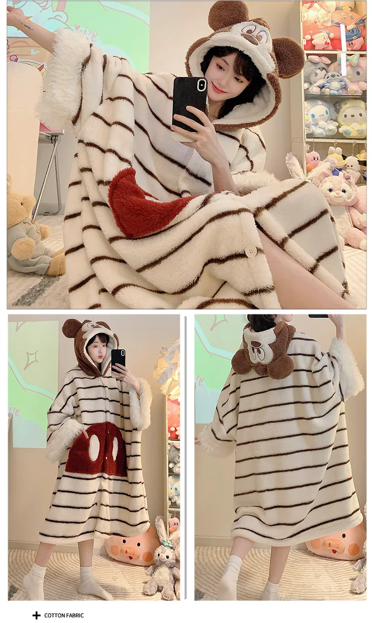 Women's Pajamas Winter New Fleece Cardigan Hooded Robe Loose Plus Size Up to 150kg Wearable Loungewear L--XL · Wholesale · OEM · Worldwide Shipping - Detail 6