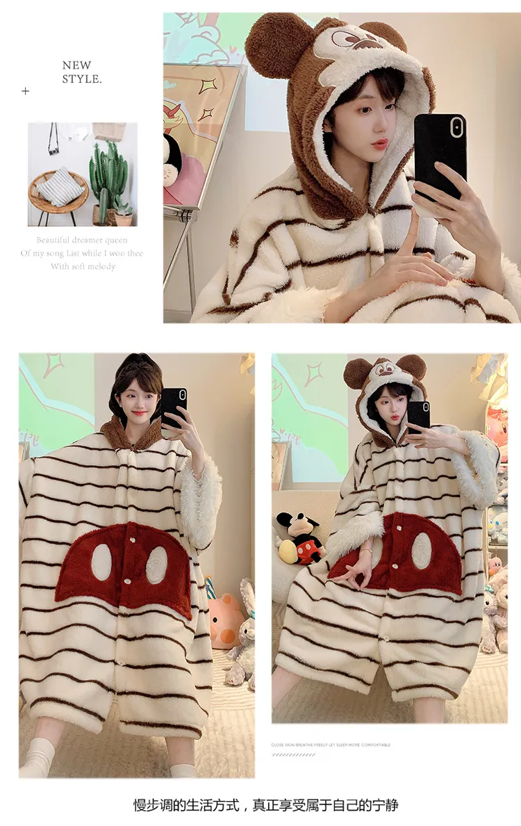 Women's Pajamas Winter New Fleece Cardigan Hooded Robe Loose Plus Size Up to 150kg Wearable Loungewear L--XL · Wholesale · OEM · Worldwide Shipping - Detail 5