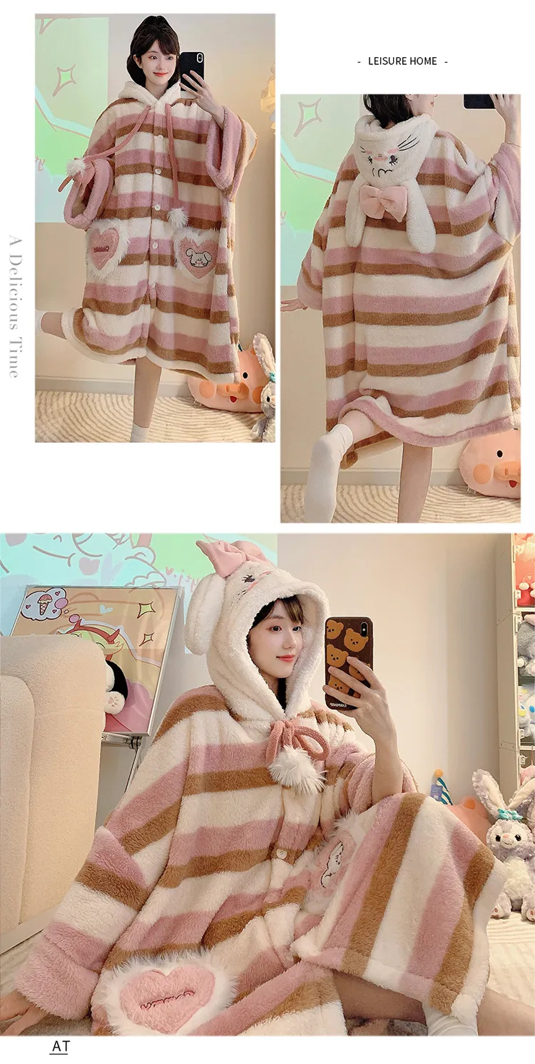 Women's Pajamas Winter New Fleece Cardigan Hooded Robe Loose Plus Size Up to 150kg Wearable Loungewear L--XL · Wholesale · OEM · Worldwide Shipping - Detail 13