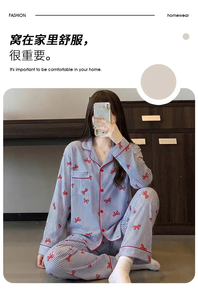 Yuanxing 35105 Ins Korean-Style Blue Striped Textured Long Sleeve Women's Pajama Set with Bow Detail · Wholesale · OEM · Worldwide Shipping - Detail 1