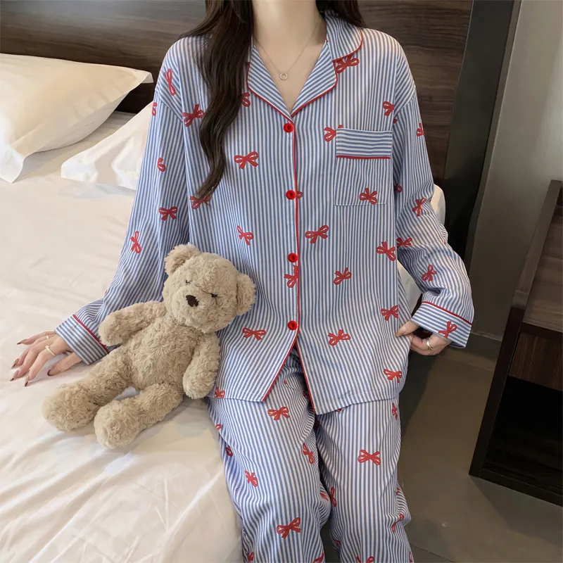 Yuanxing 35105 Ins Korean-Style Blue Striped Textured Long Sleeve Women's Pajama Set with Bow Detail · Wholesale · OEM · Worldwide Shipping - View 1