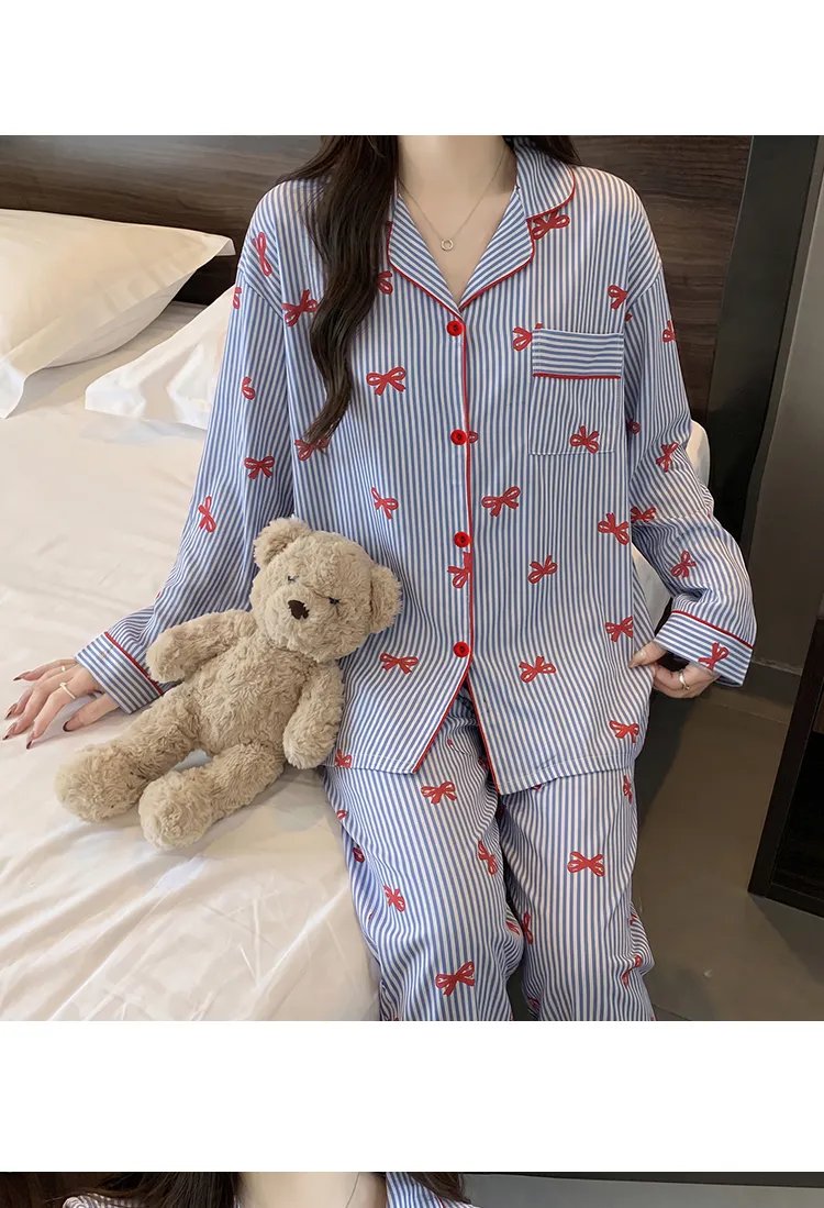 Yuanxing 35105 Ins Korean-Style Blue Striped Textured Long Sleeve Women's Pajama Set with Bow Detail · Wholesale · OEM · Worldwide Shipping - Detail 5
