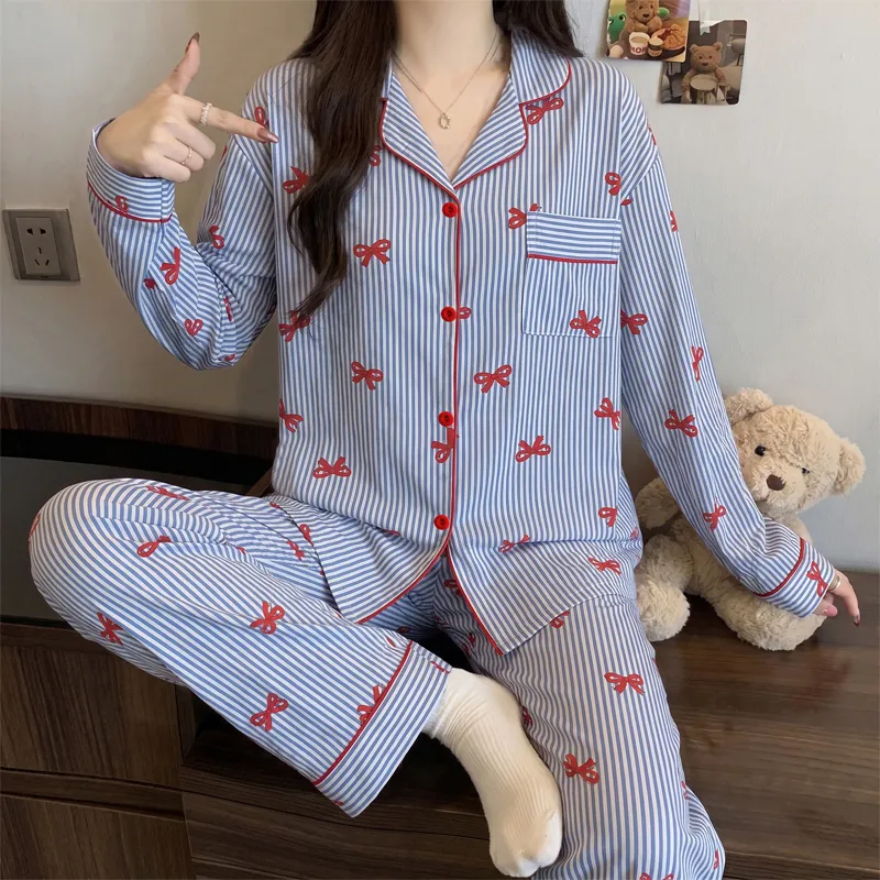 Yuanxing 35105 Ins Korean-Style Blue Striped Textured Long Sleeve Women's Pajama Set with Bow Detail · Wholesale · OEM · Worldwide Shipping - View 3