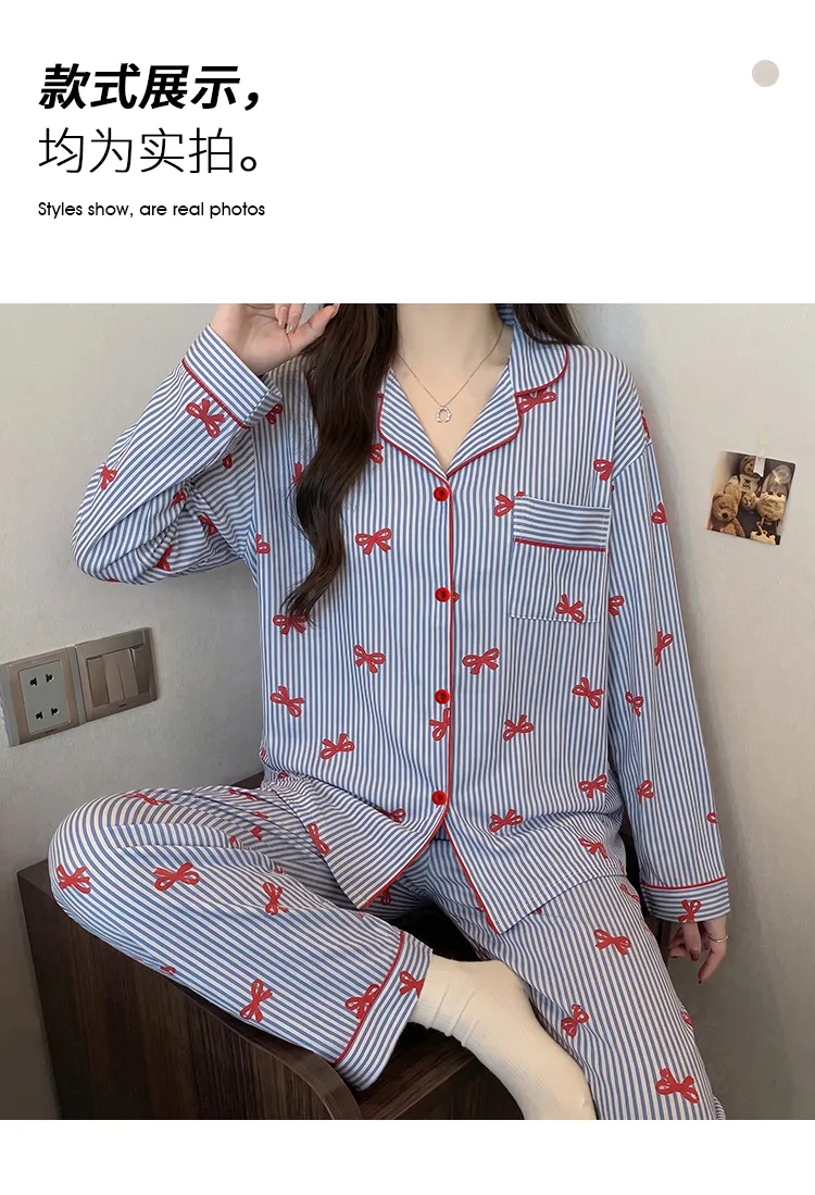 Yuanxing 35105 Ins Korean-Style Blue Striped Textured Long Sleeve Women's Pajama Set with Bow Detail · Wholesale · OEM · Worldwide Shipping - Detail 3