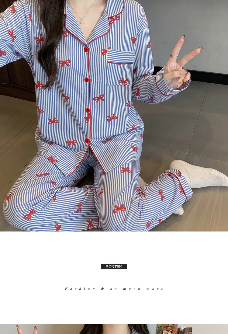 Yuanxing 35105 Ins Korean-Style Blue Striped Textured Long Sleeve Women's Pajama Set with Bow Detail · Wholesale · OEM · Worldwide Shipping - Detail 6