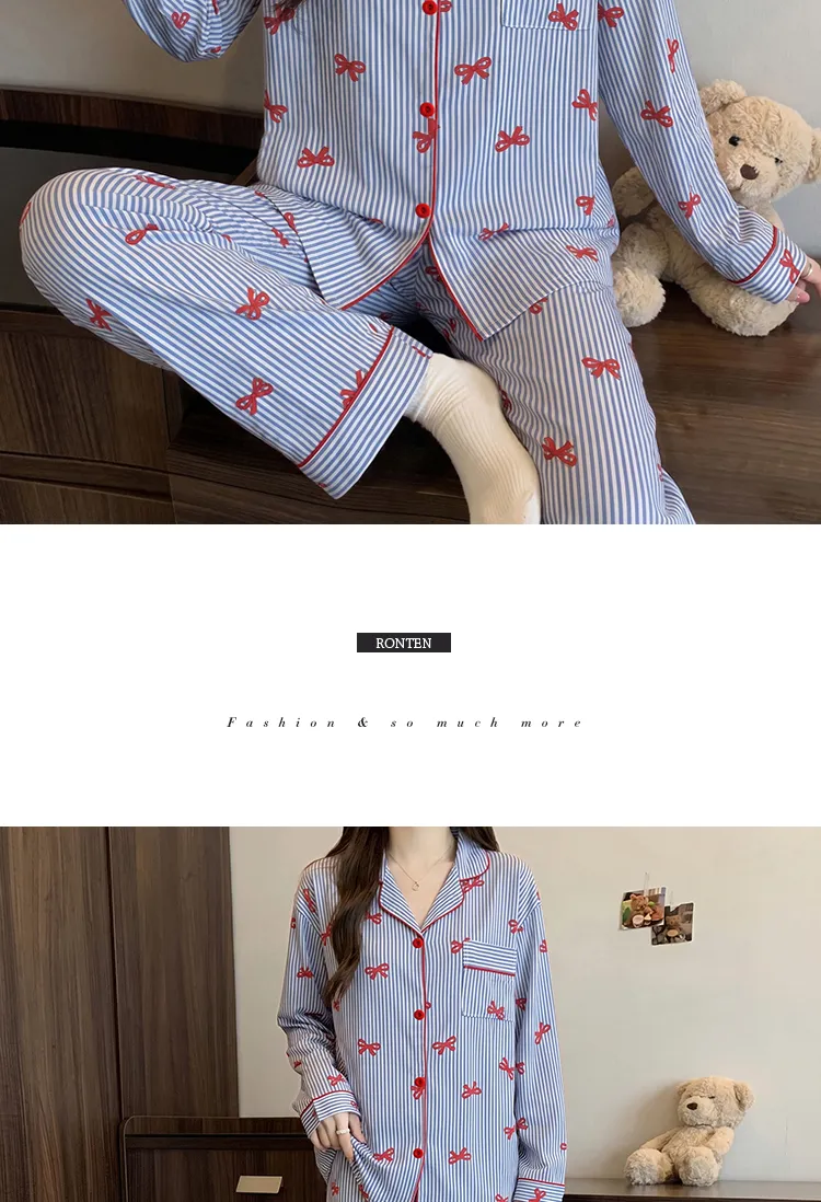 Yuanxing 35105 Ins Korean-Style Blue Striped Textured Long Sleeve Women's Pajama Set with Bow Detail · Wholesale · OEM · Worldwide Shipping - Detail 8