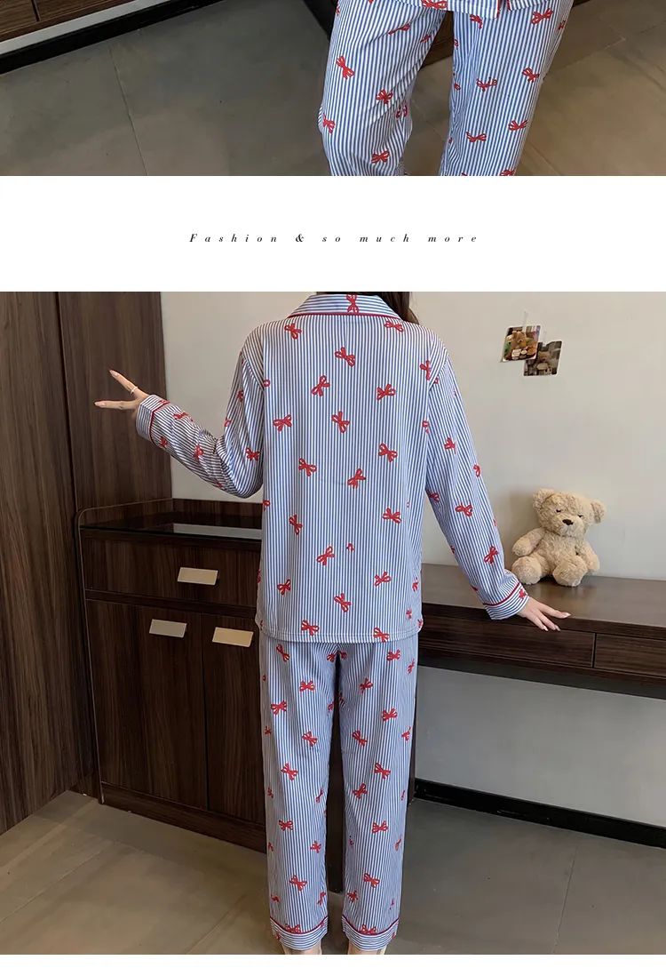 Yuanxing 35105 Ins Korean-Style Blue Striped Textured Long Sleeve Women's Pajama Set with Bow Detail · Wholesale · OEM · Worldwide Shipping - Detail 10