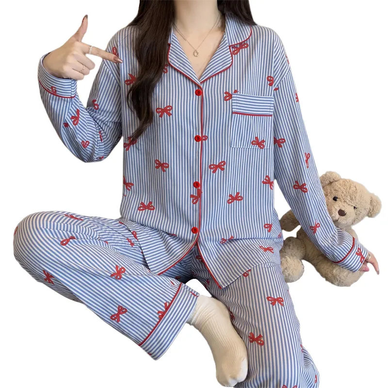 Yuanxing 35105 Ins Korean-Style Blue Striped Textured Long Sleeve Women's Pajama Set with Bow Detail · Wholesale · OEM · Worldwide Shipping - View 4
