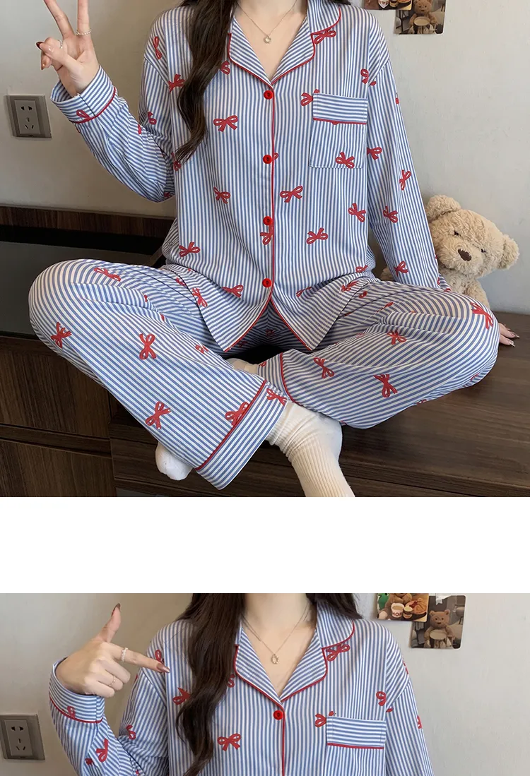 Yuanxing 35105 Ins Korean-Style Blue Striped Textured Long Sleeve Women's Pajama Set with Bow Detail · Wholesale · OEM · Worldwide Shipping - Detail 7