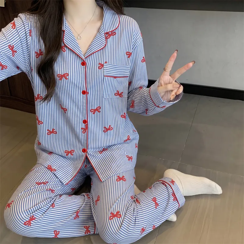 Yuanxing 35105 Ins Korean-Style Blue Striped Textured Long Sleeve Women's Pajama Set with Bow Detail · Wholesale · OEM · Worldwide Shipping - View 2