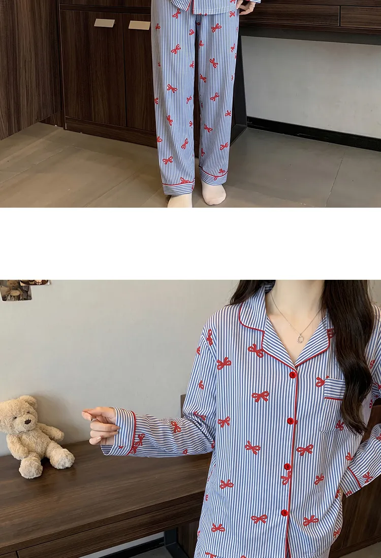 Yuanxing 35105 Ins Korean-Style Blue Striped Textured Long Sleeve Women's Pajama Set with Bow Detail · Wholesale · OEM · Worldwide Shipping - Detail 9