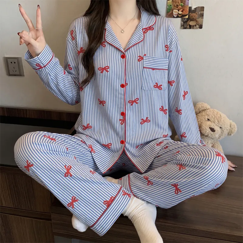Yuanxing 35105 Ins Korean-Style Blue Striped Textured Long Sleeve Women's Pajama Set with Bow Detail · Wholesale · OEM · Worldwide Shipping