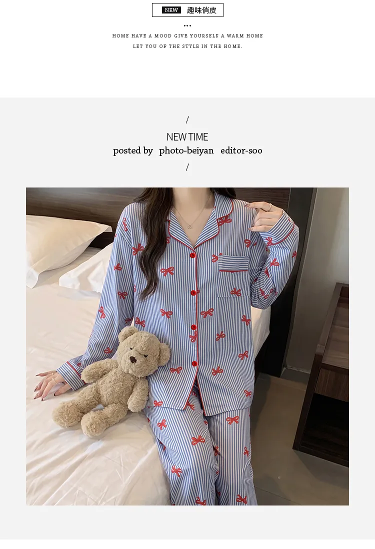Yuanxing 35105 Ins Korean-Style Blue Striped Textured Long Sleeve Women's Pajama Set with Bow Detail · Wholesale · OEM · Worldwide Shipping - Detail 4